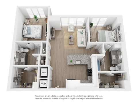Floor plan for 2 beds, 2 baths, 1045 sqft